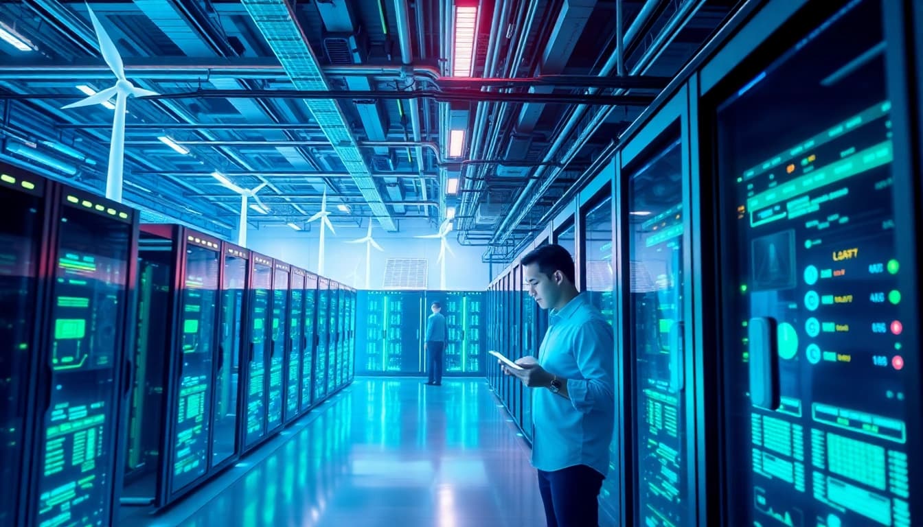 Innovative crypto cloud mining setup showcasing AI-driven rigs and renewable energy sources.