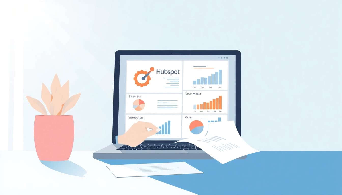 Person using hubspot free tools on a laptop, surrounded by business charts and graphs.
