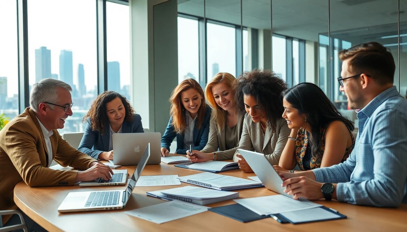 Team collaborating on Proposal Writing and Management in a modern office environment.