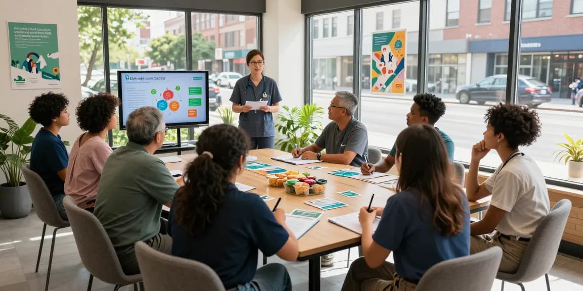 Community health workshop at https://factors.org.uk with diverse participants engaging in discussion.