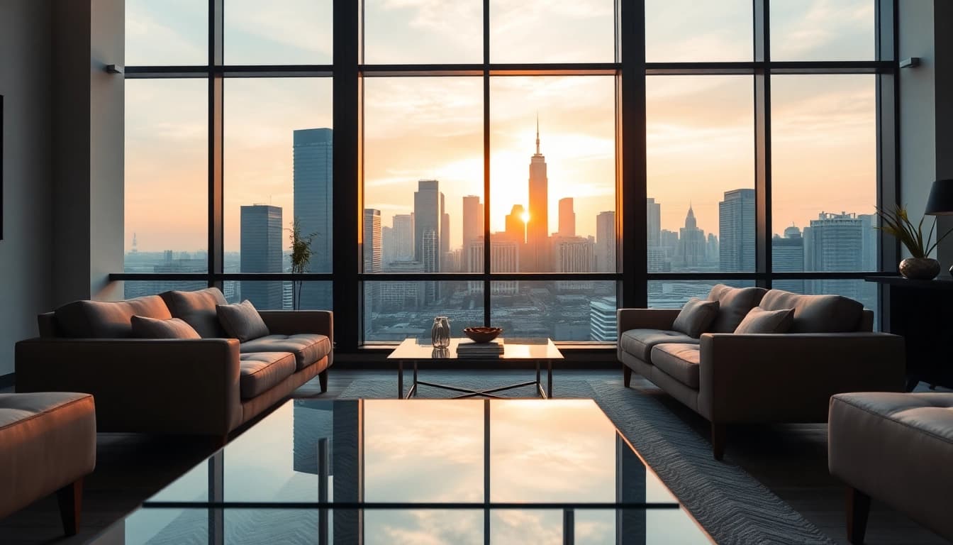 Identify a premium real estate opportunity in a modern office setting with city skyline
