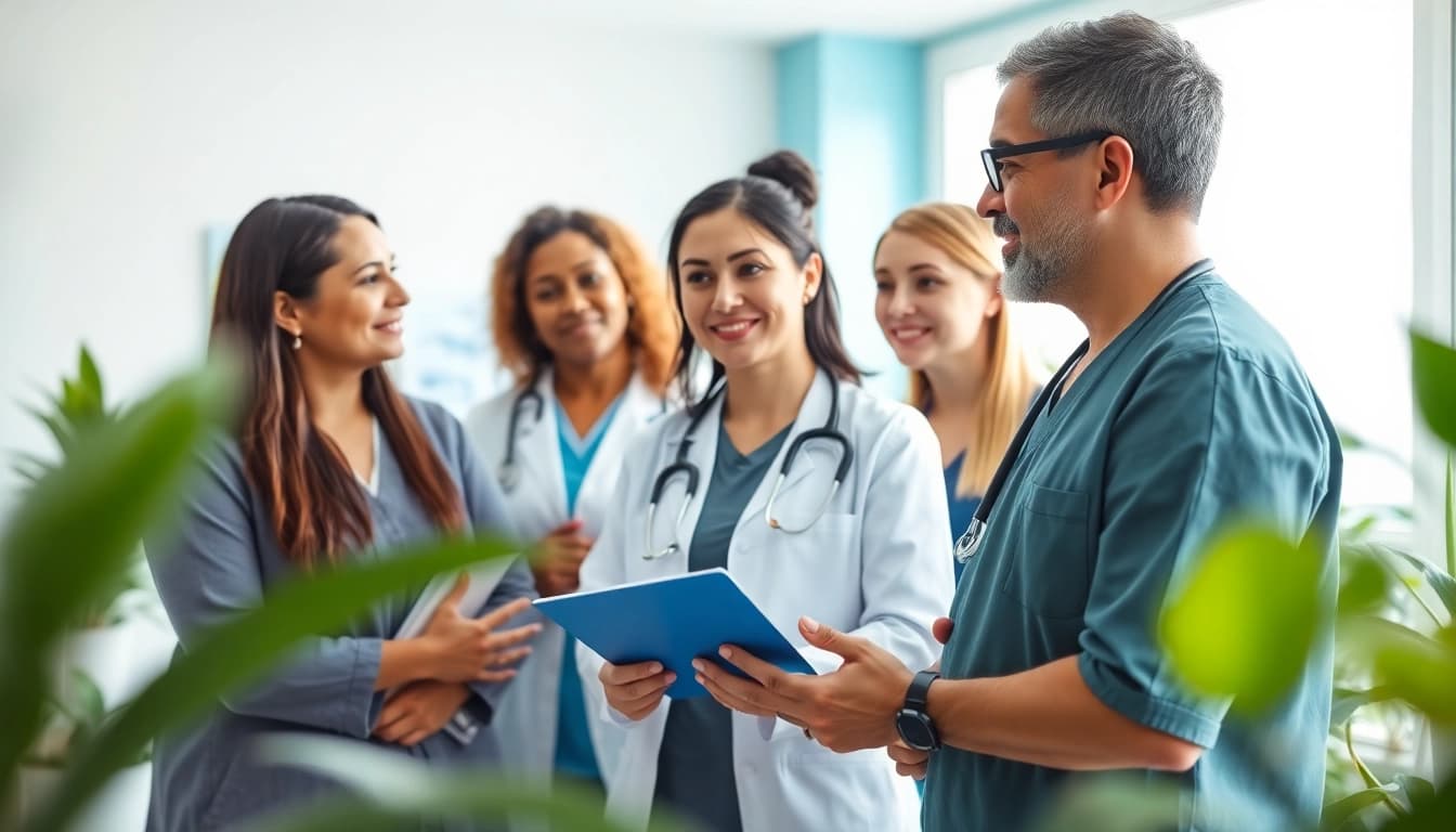 YourGP professionals collaborating in a health clinic environment, showcasing teamwork and care.