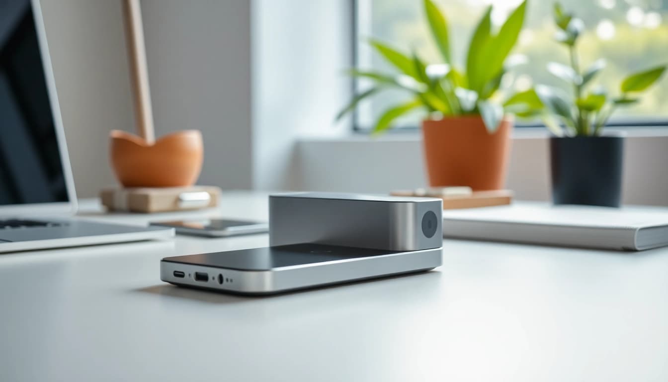 Phonelocker auf modernem Schreibtisch mit sanften Lichtakzenten und eleganter Anordnung.