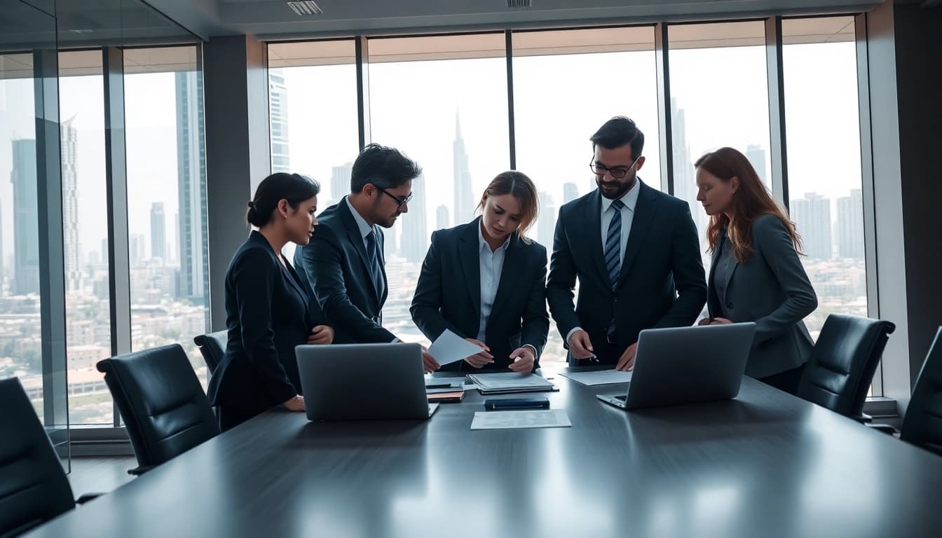 Business Consultants in Dubai collaborating in a modern office setting with city skyline view.