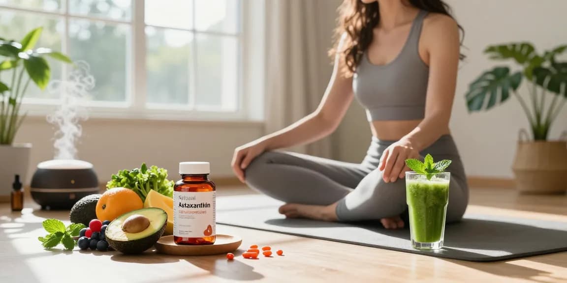 Emphasizing natural astaxanthin benefits, fit woman practicing yoga surrounded by healthy foods and supplements in a serene setting.
