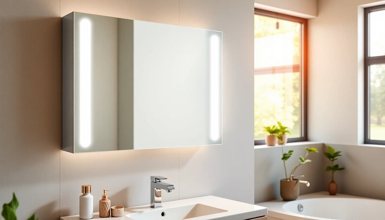 Showcase of a led bathroom mirror cabinet enhancing a modern bathroom design with elegant lighting.