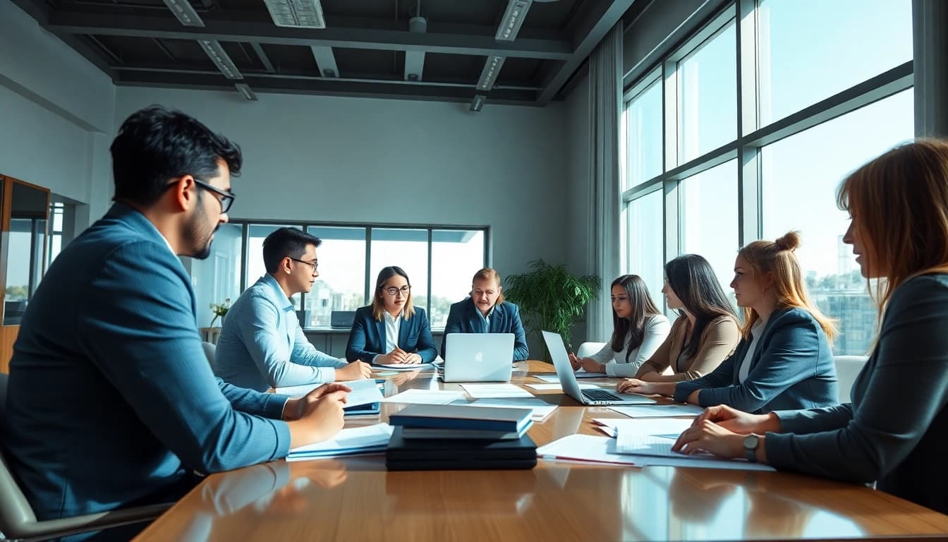 Engaging scene of Proposal Writing and Management with professionals collaborating in a dynamic office.