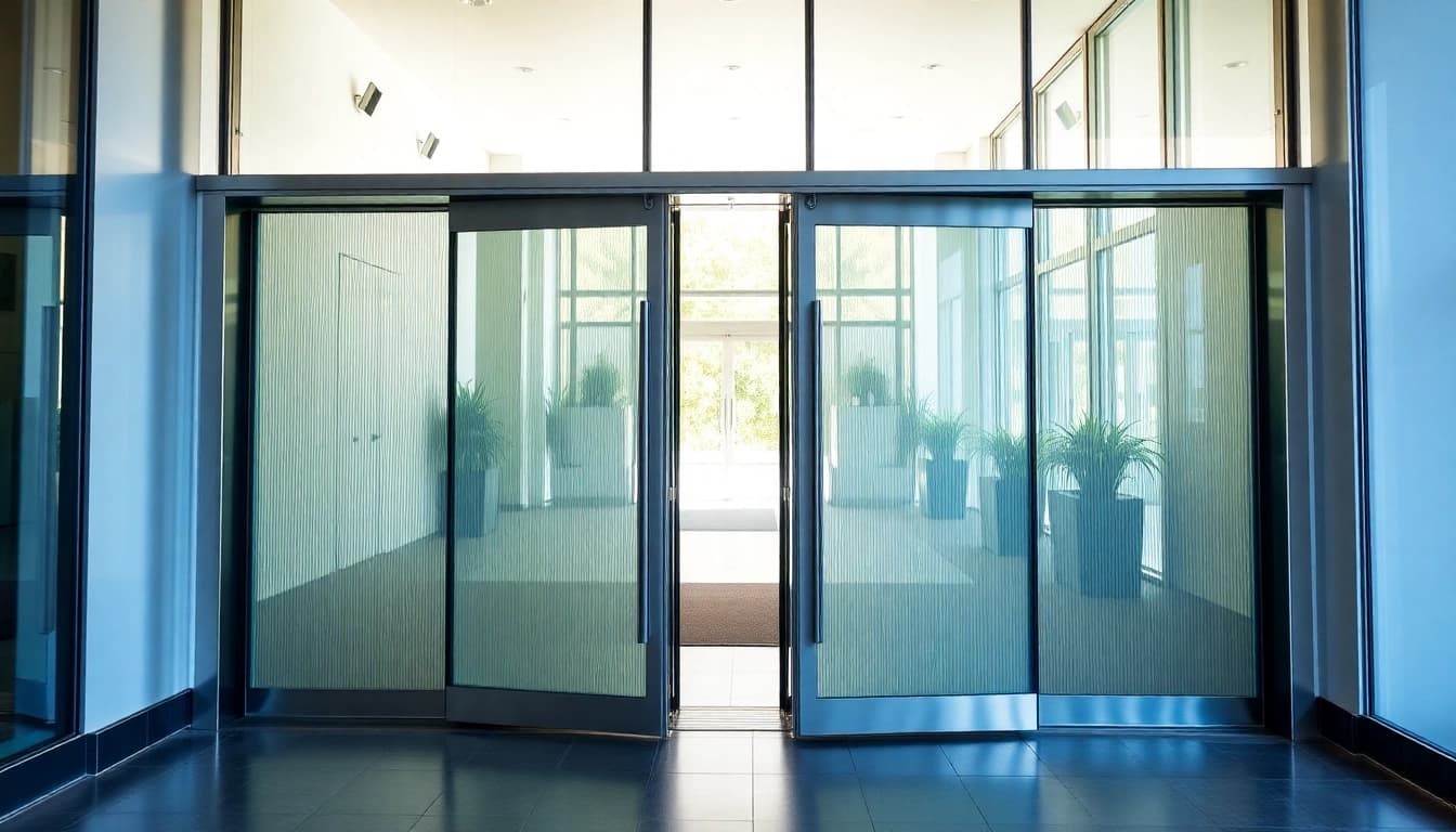 Showcasing Evolution Entrance Systems in a modern setting with sleek sliding doors.