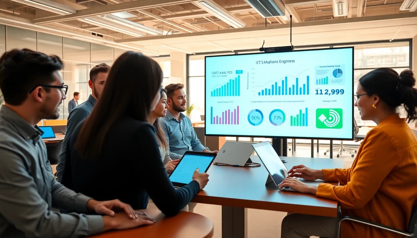 Collaborative team discussing Cost-Effective IT Management strategies in a modern office
