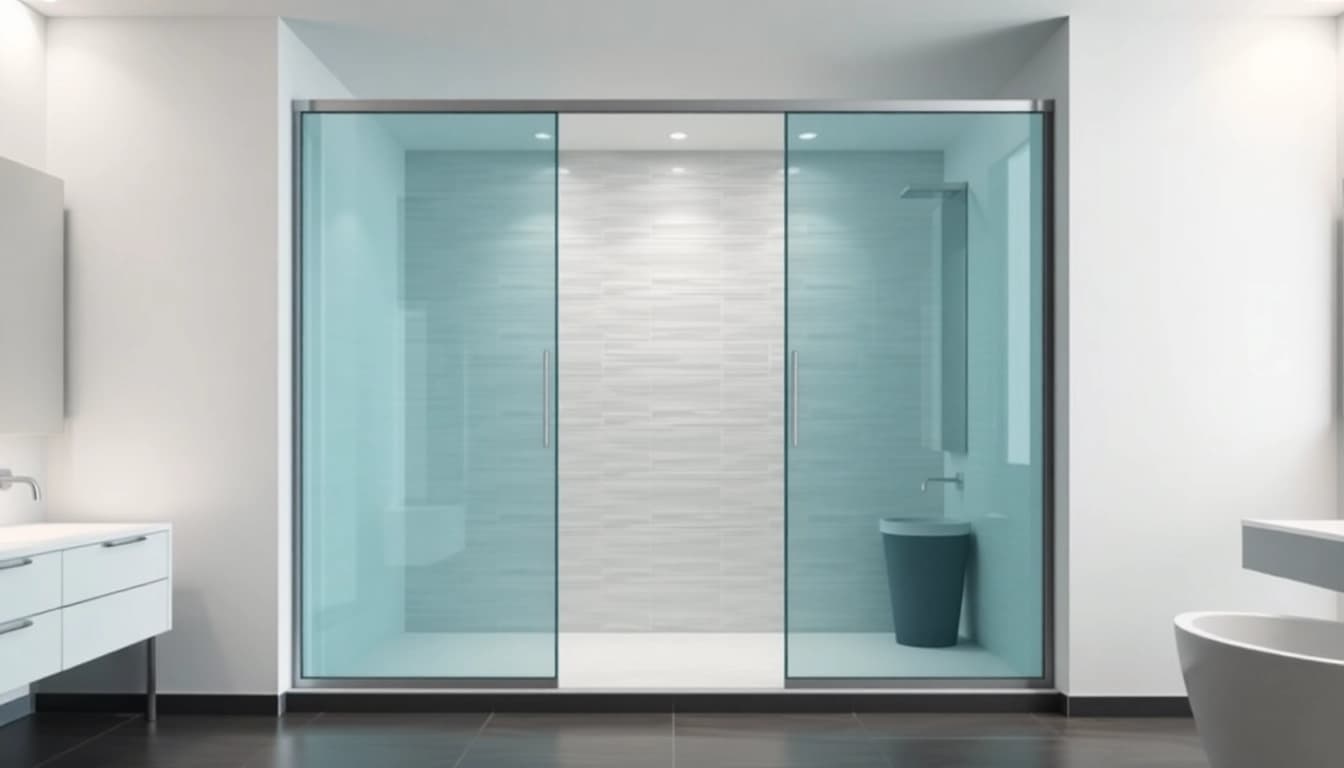 Show shower sliding doors in a stylish bathroom, enhancing the modern design.