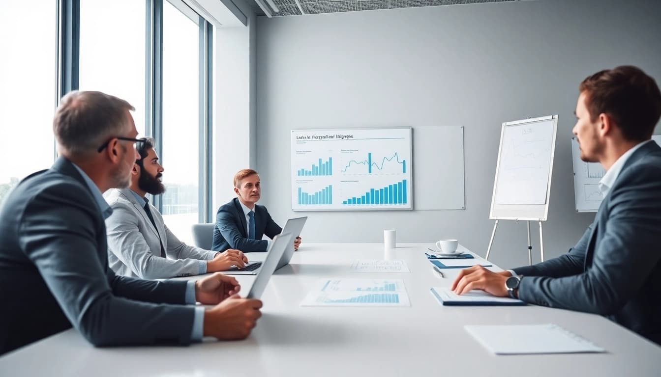 Engaged team in a meeting discussing b2b competitive intelligence strategies with charts.
