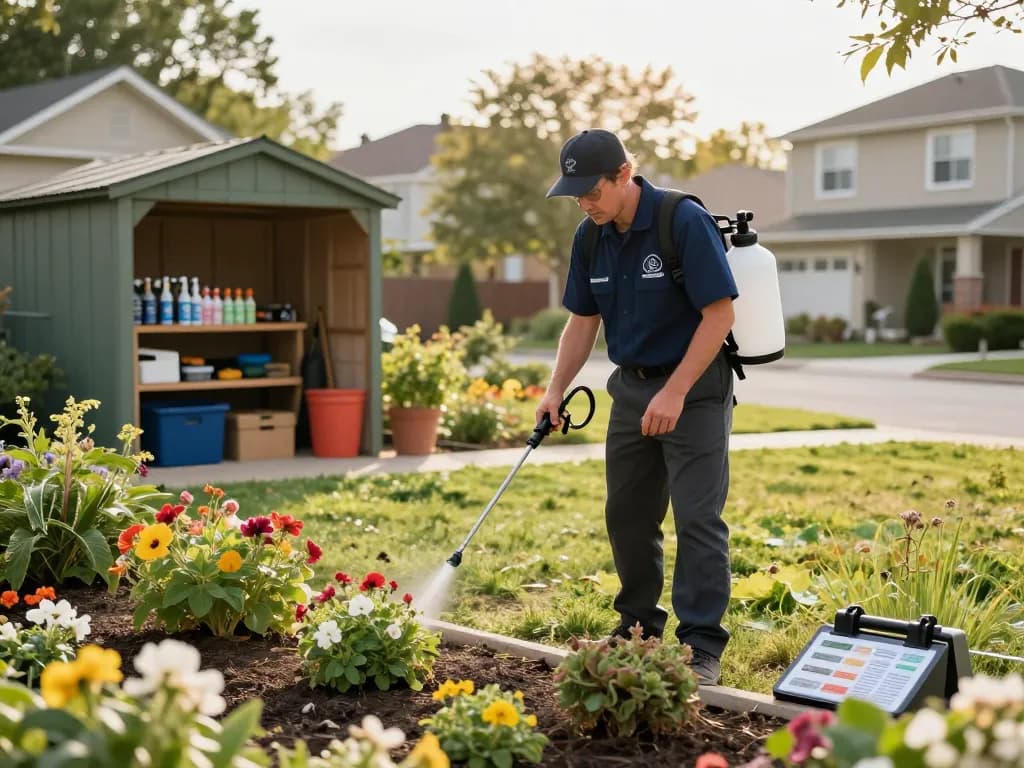 Pest control technician inspecting garden for pests using expert techniques during a sunny afternoon.