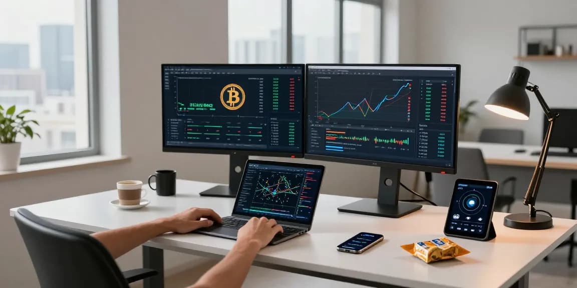 Bitcoin mining contract analysis in a stylish home office with crypto charts and blockchain network visuals.