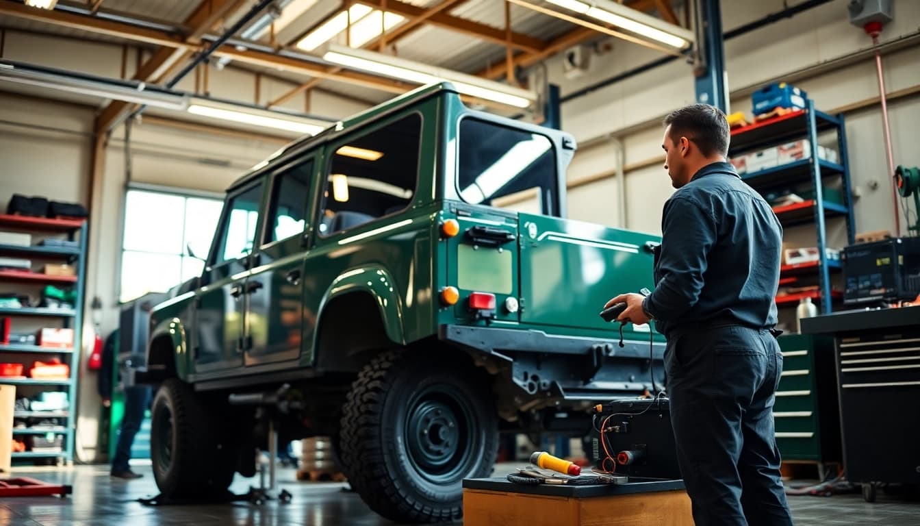 Expert Land Rover Service showcasing mechanics at work in a well-equipped garage.