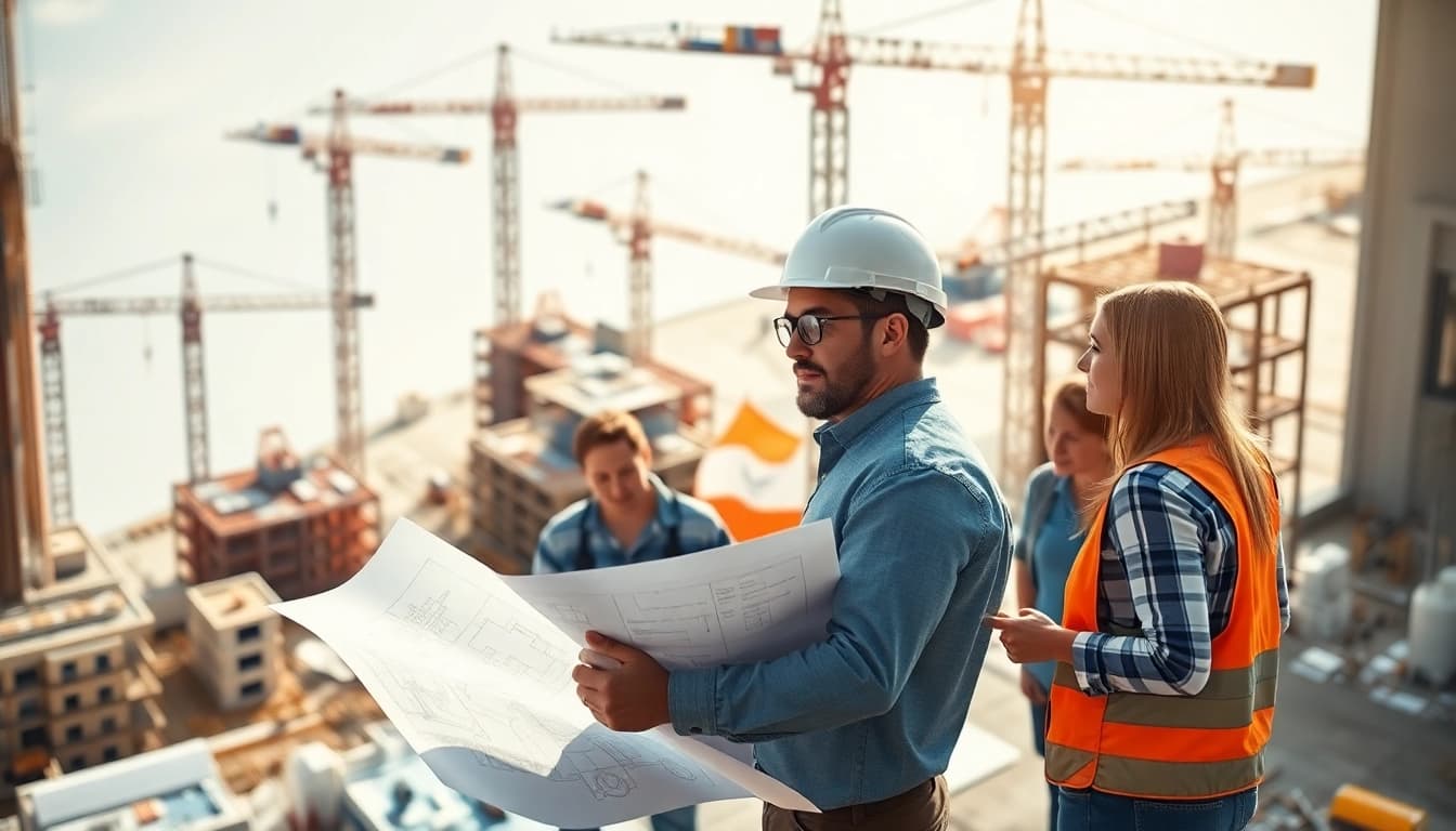 Building developer collaborating on construction project with team at a busy work site.