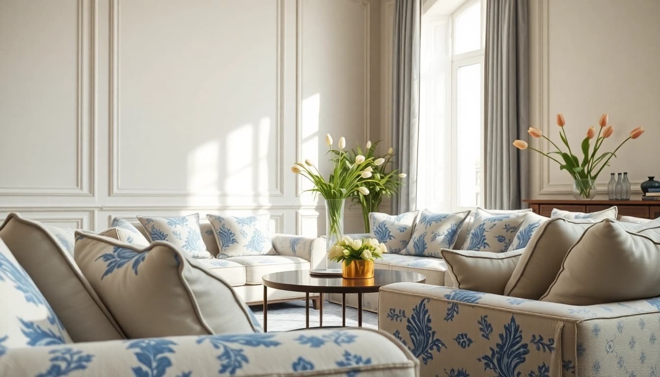 Verken de delftsblauwe stoffen collectie met elegant interieur en prachtige details.