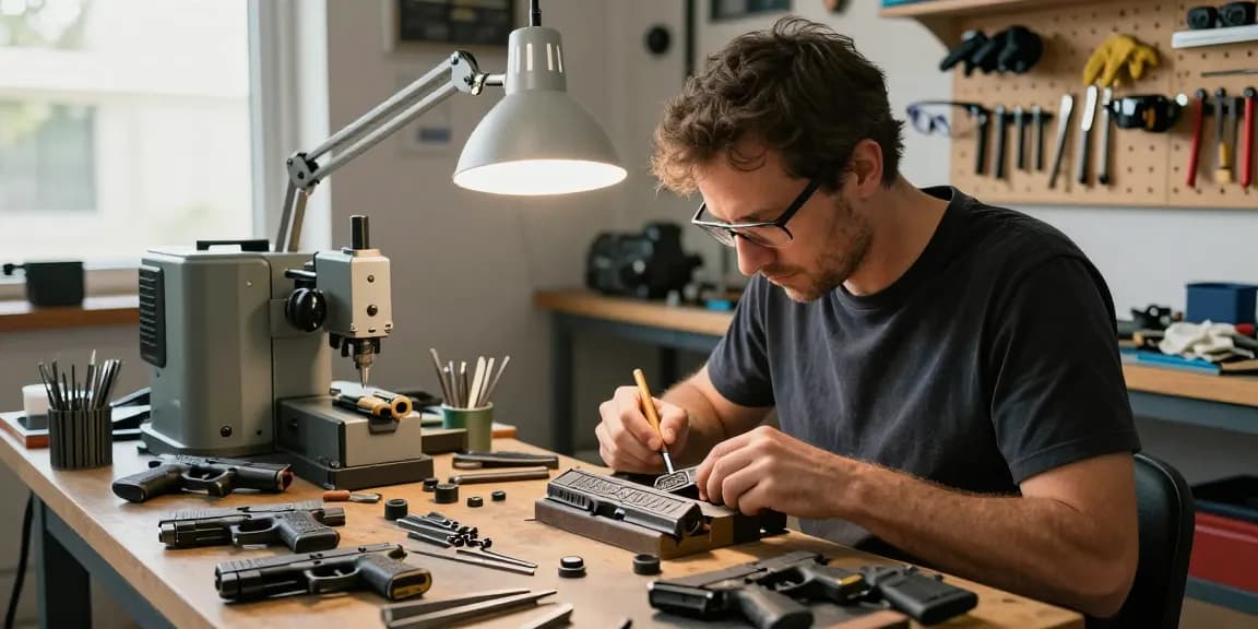 Glock slide modifications and craftsmanship at https://precisionglockslides.com workshop with professional tools and Glock models.