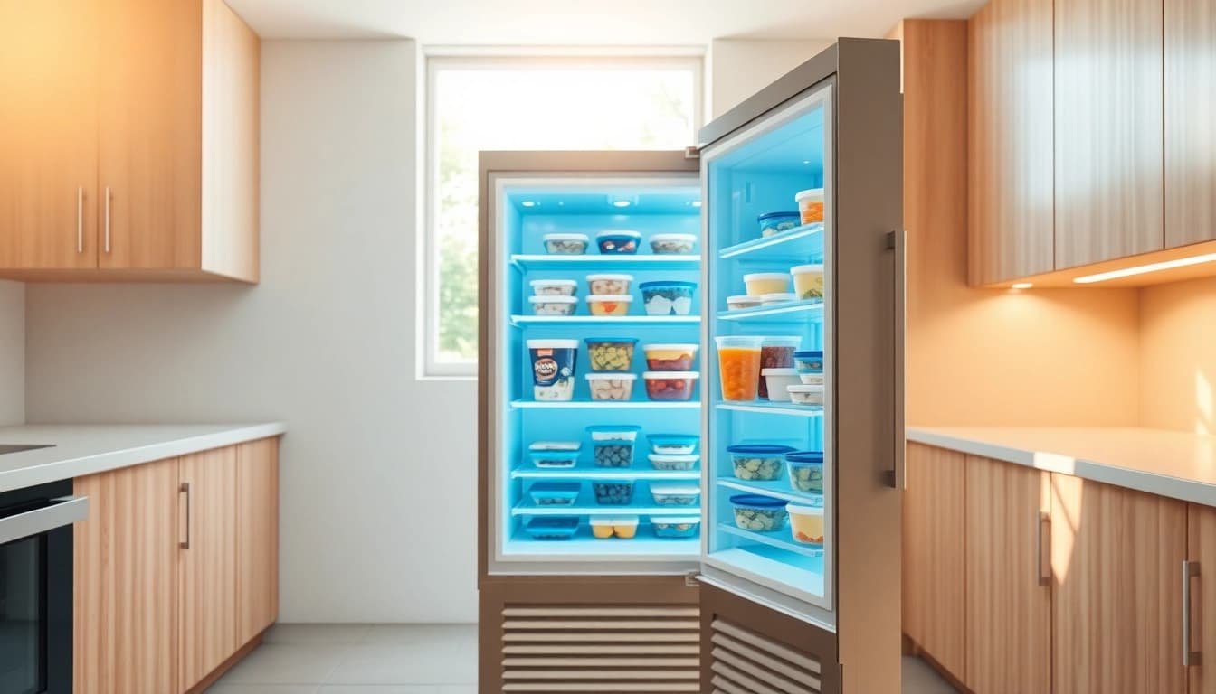 Efficient freezer filled with organized frozen foods in a bright kitchen.
