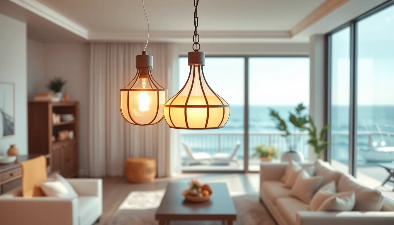 An inviting island light illuminates a coastal living room with ocean views.