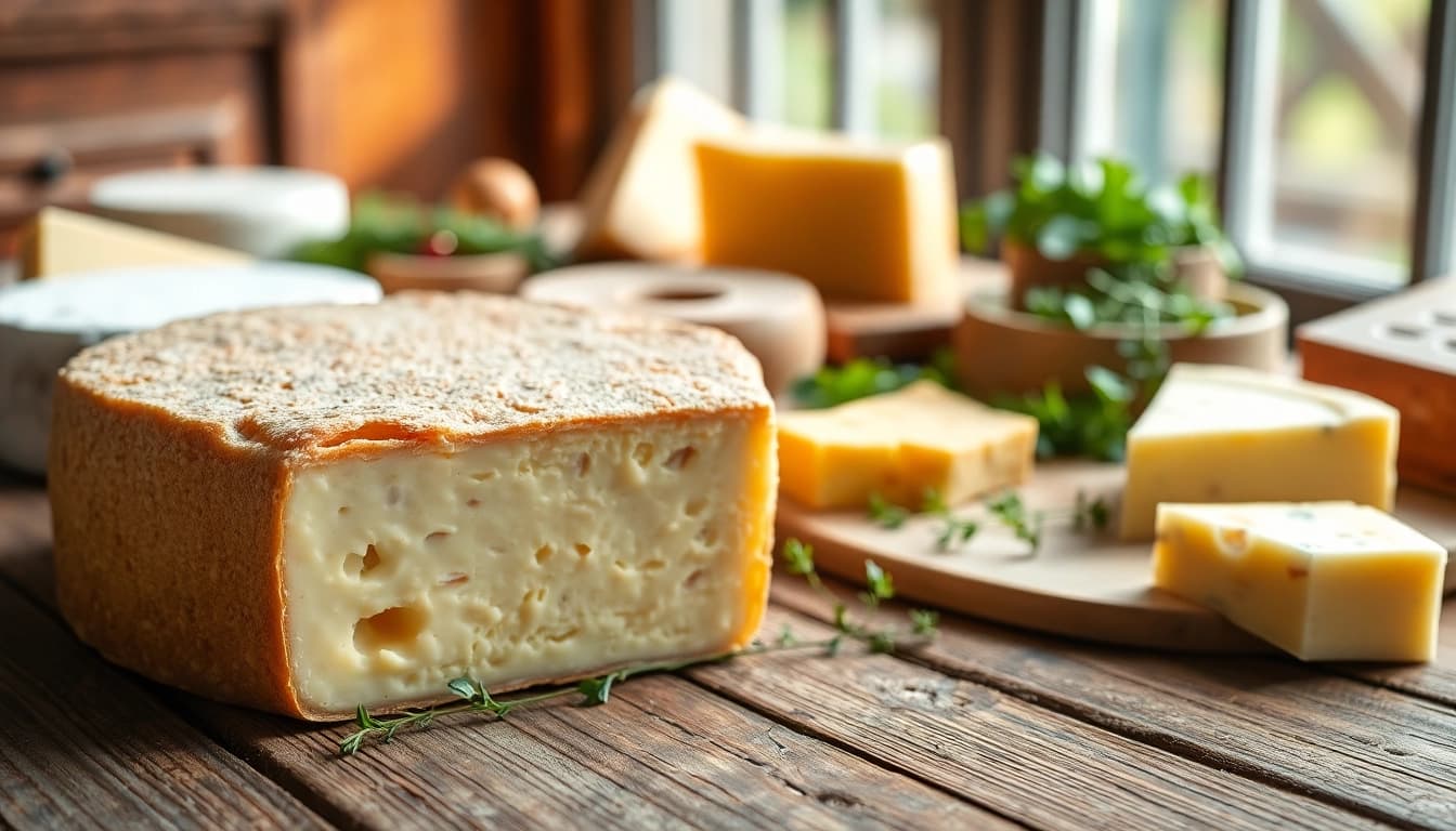 Het tonen van een kaasdoek naast verschillende soorten kaas en kruiden op een houten tafel.