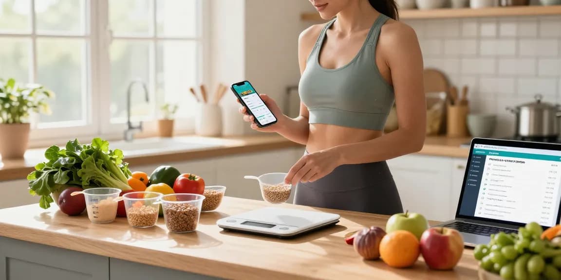 Using the best calorie tracking app in a bright kitchen with fresh ingredients for a healthy meal.