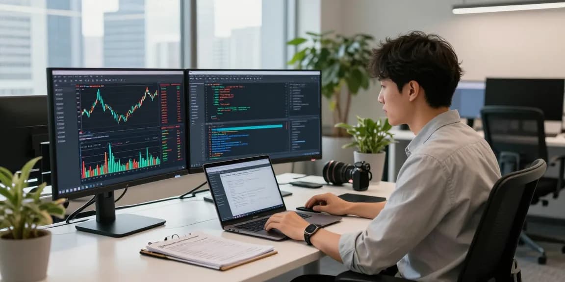 TSE stock exchange data feed analytics on multiple screens in a modern office