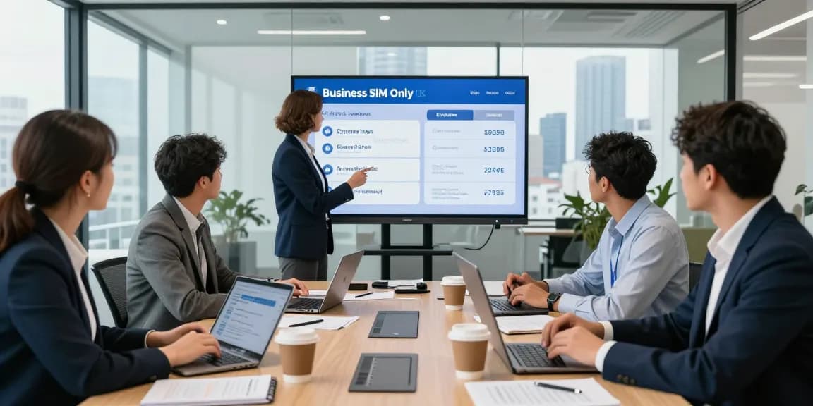 Team comparing business SIM only deals UK in a modern office environment with digital devices.
