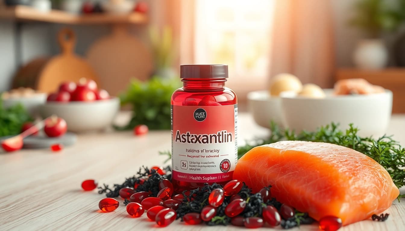 Showcase the best astaxanthin supplement bottle with fresh marine ingredients, promoting health and vitality.
