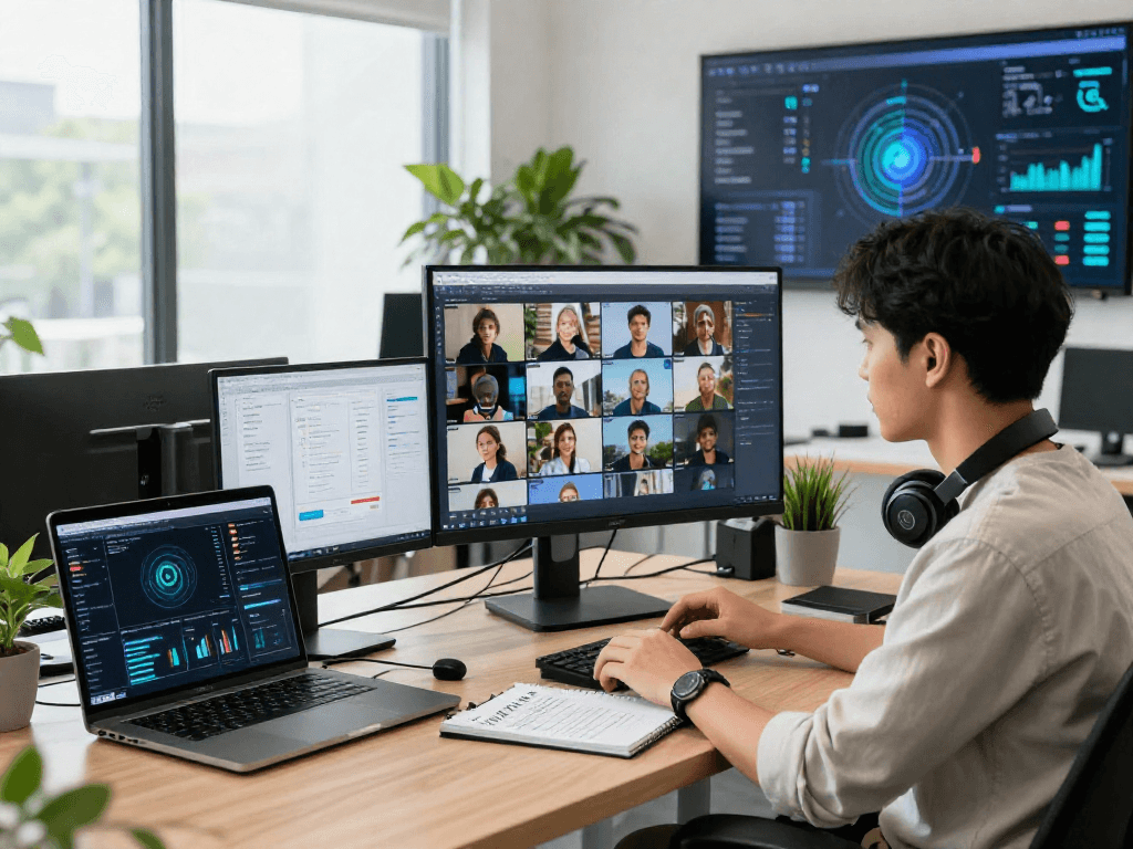 Data analyst detecting AI images with advanced moderation tools in a modern office.