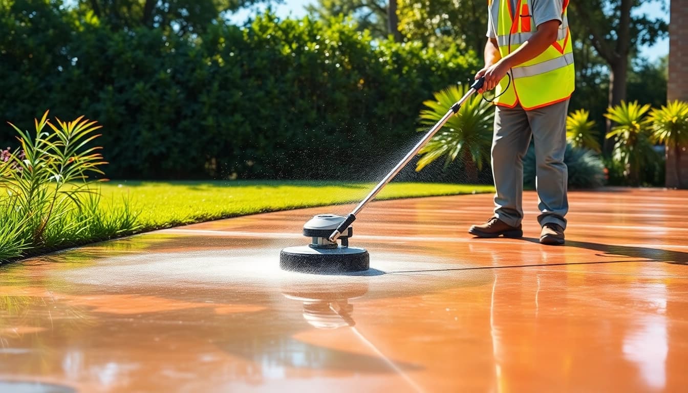 Concrete cleaning technician pressure washing a driveway in Kissimmee, FL, showcasing clean surfaces and professional service.