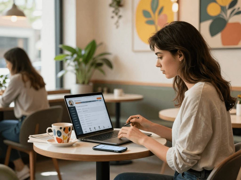 Engaging overview of dating apps as a young woman crushes on potential matches in a vibrant café.