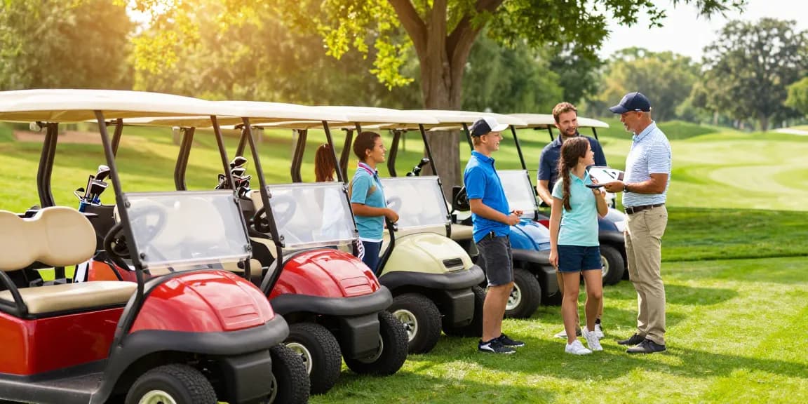 Used golf cart dealer showcasing colorful carts at a sunny golf course.
