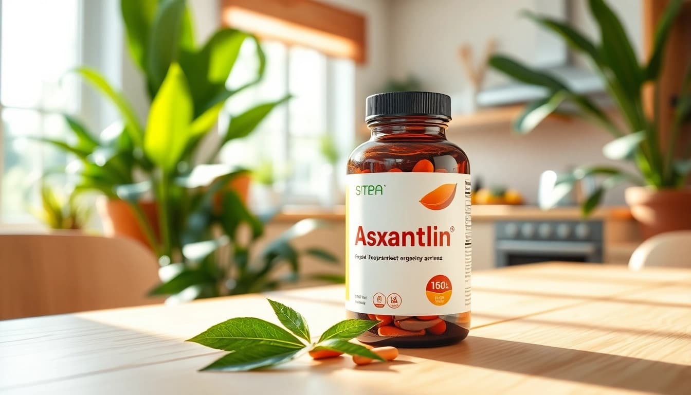 Best astaxanthin supplement bottle surrounded by tropical plants on a wooden table.
