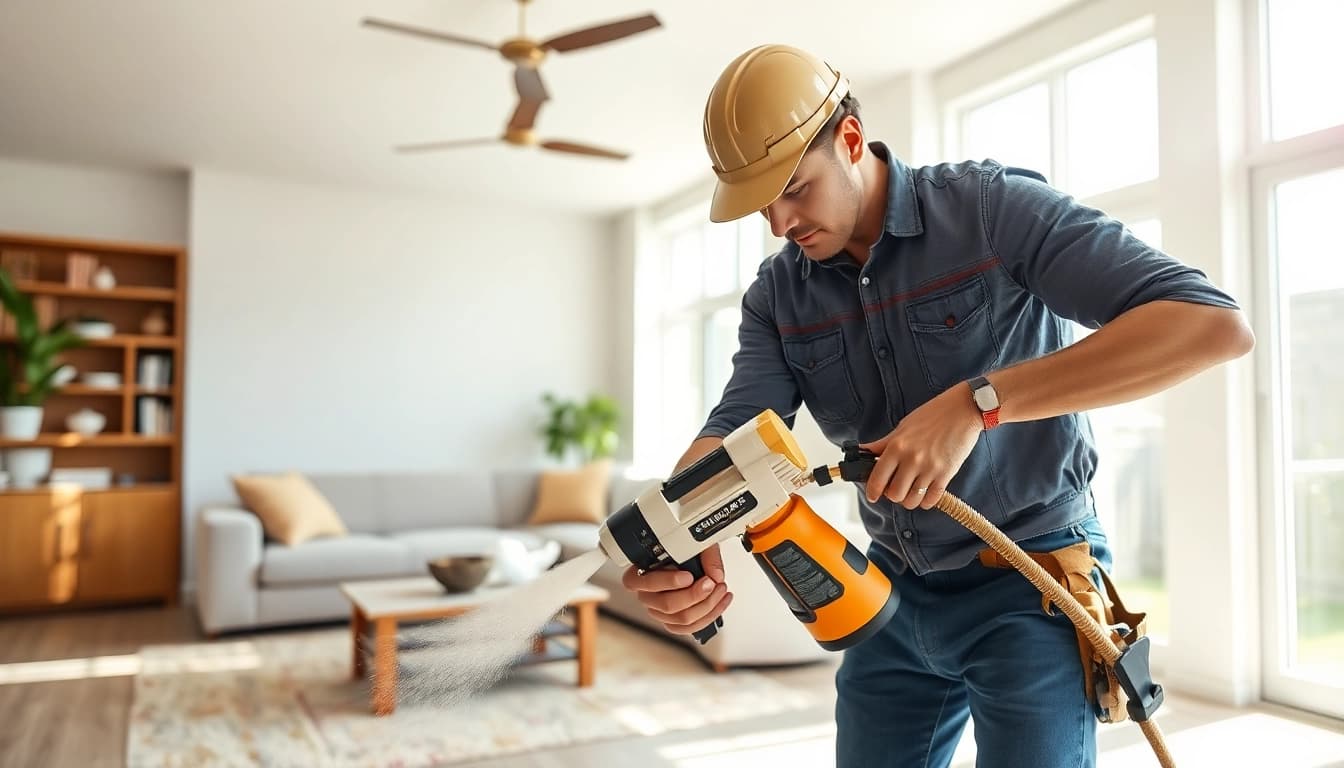 Contractor handling spray foam removal for mortgage in a well-lit home.