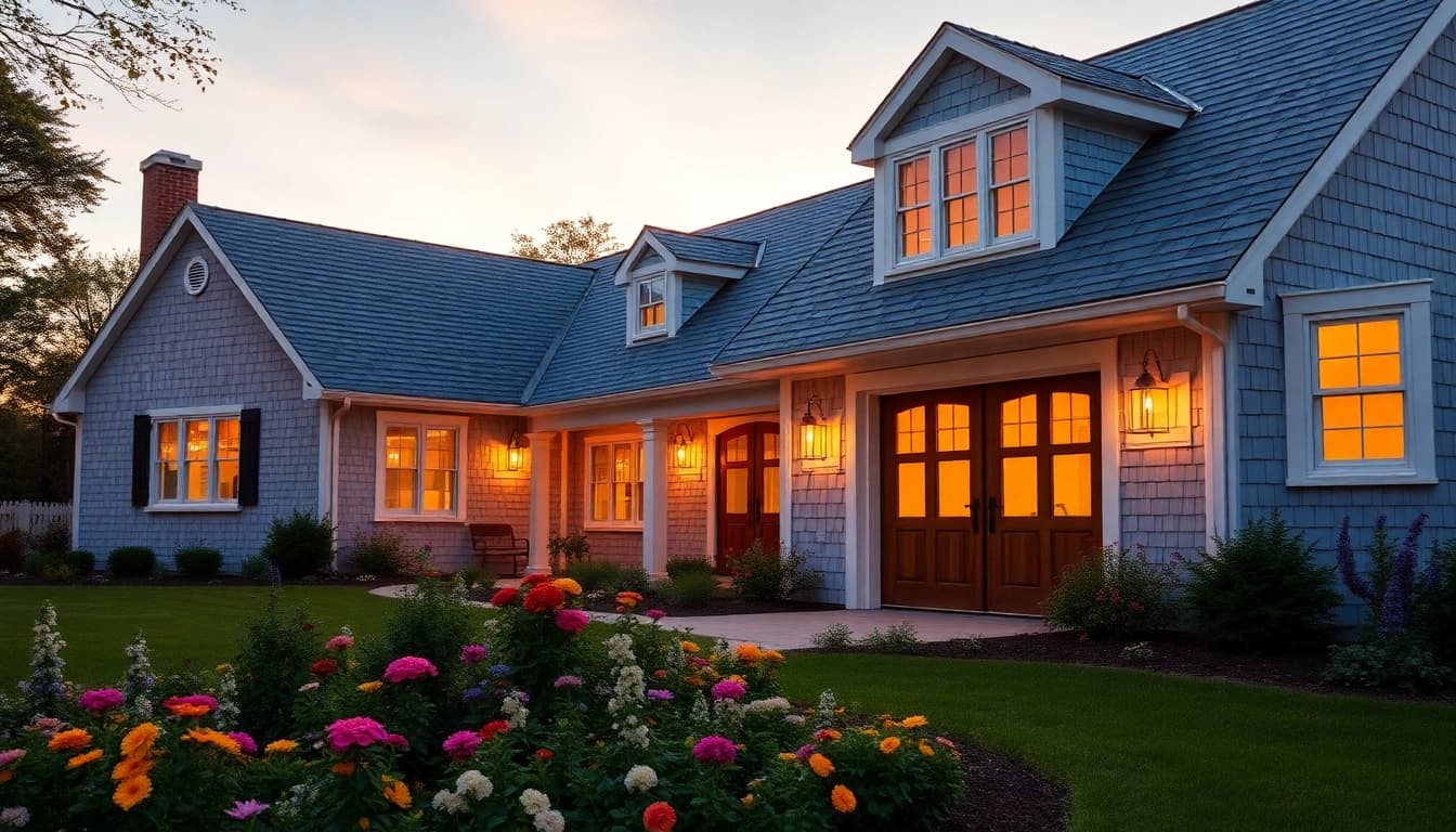 Showcasing a stunning cape cod home addition with an elegant attached garage against a beautiful sunset.