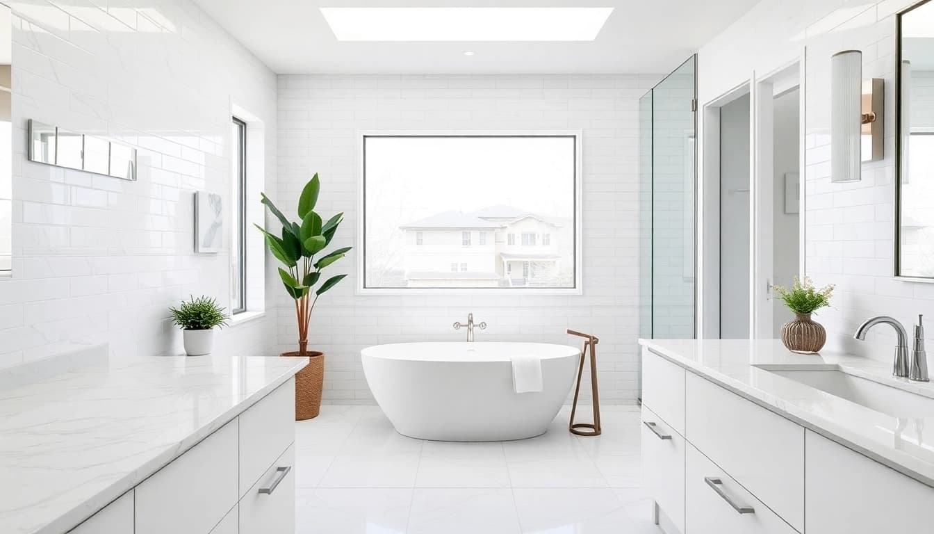 Bathroom builders skillfully remodeling a modern bathroom with elegant features and soothing colors.