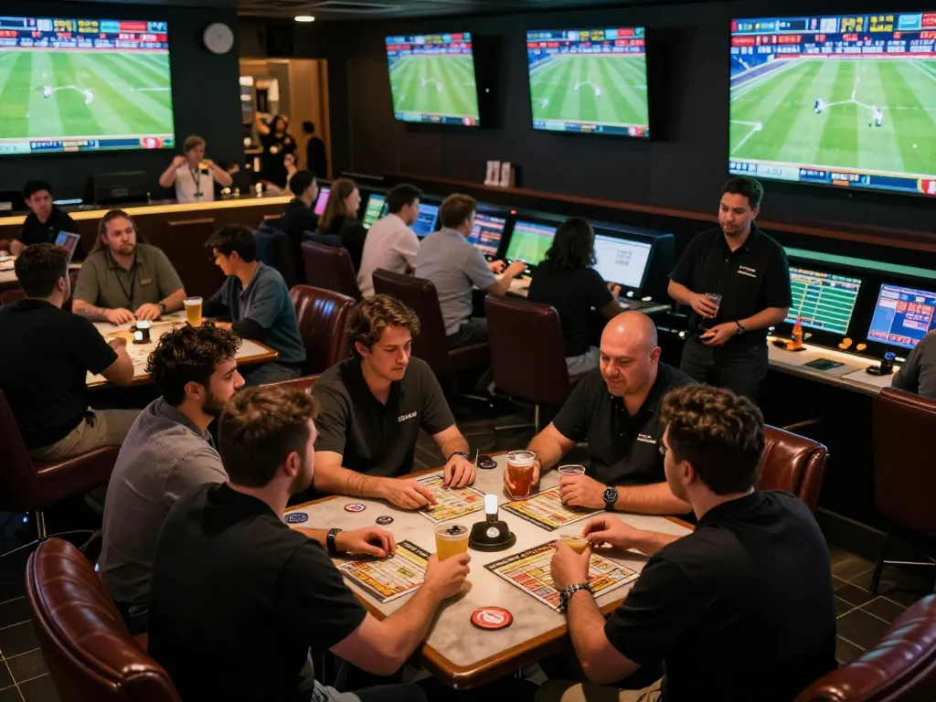 Fans engaging in dynamic sports betting at 7m lounge with screens showing live football matches.