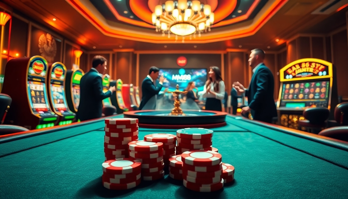 Experience the excitement of mm88 vin with a luxurious casino scene showcasing poker tables, vibrant slot machines, and joyous players.