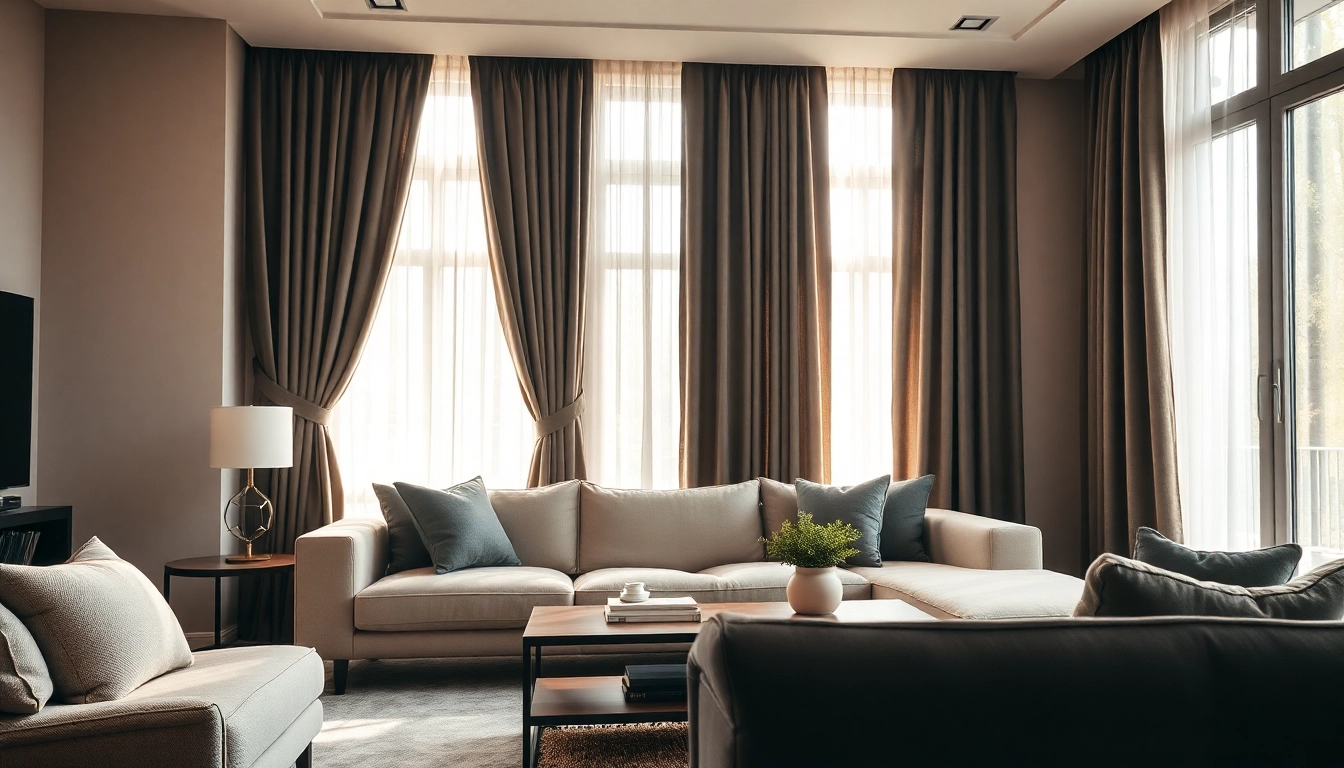 Verduisterende gordijnen in een stijlvol interieur creëren een gezellige sfeer in de woonkamer.