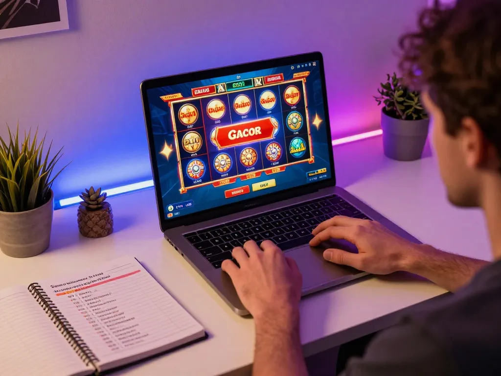 Engaged player enjoying slot gacor sore ini on laptop, displaying winning strategy.