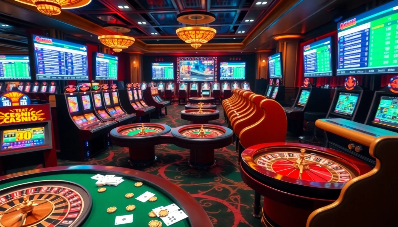 Scène immersive de casino en ligne Français 2026 mettant en vedette des jeux de cartes vibrants, des machines à sous et de la roulette.