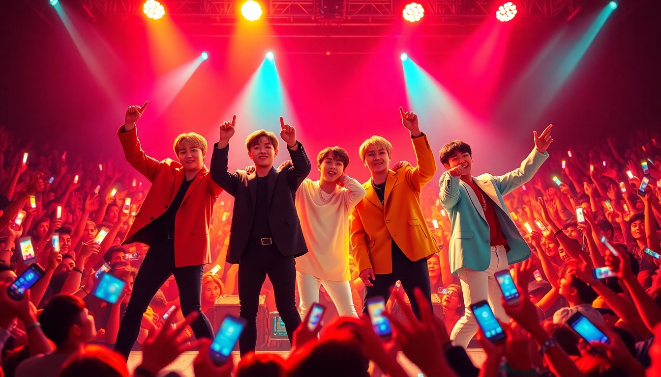 BTS members performing energetically on stage with vibrant colors and an enthusiastic crowd.