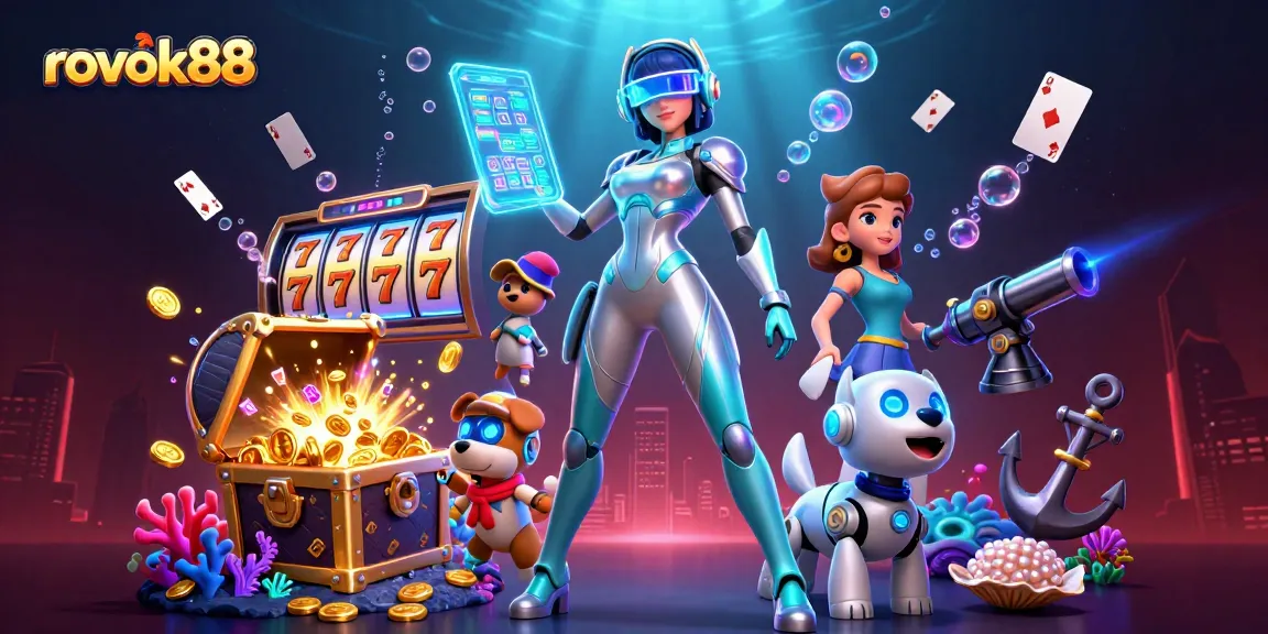 Engage with rokok88 in a vibrant 3D casino scene bursting with slot reels and treasure.