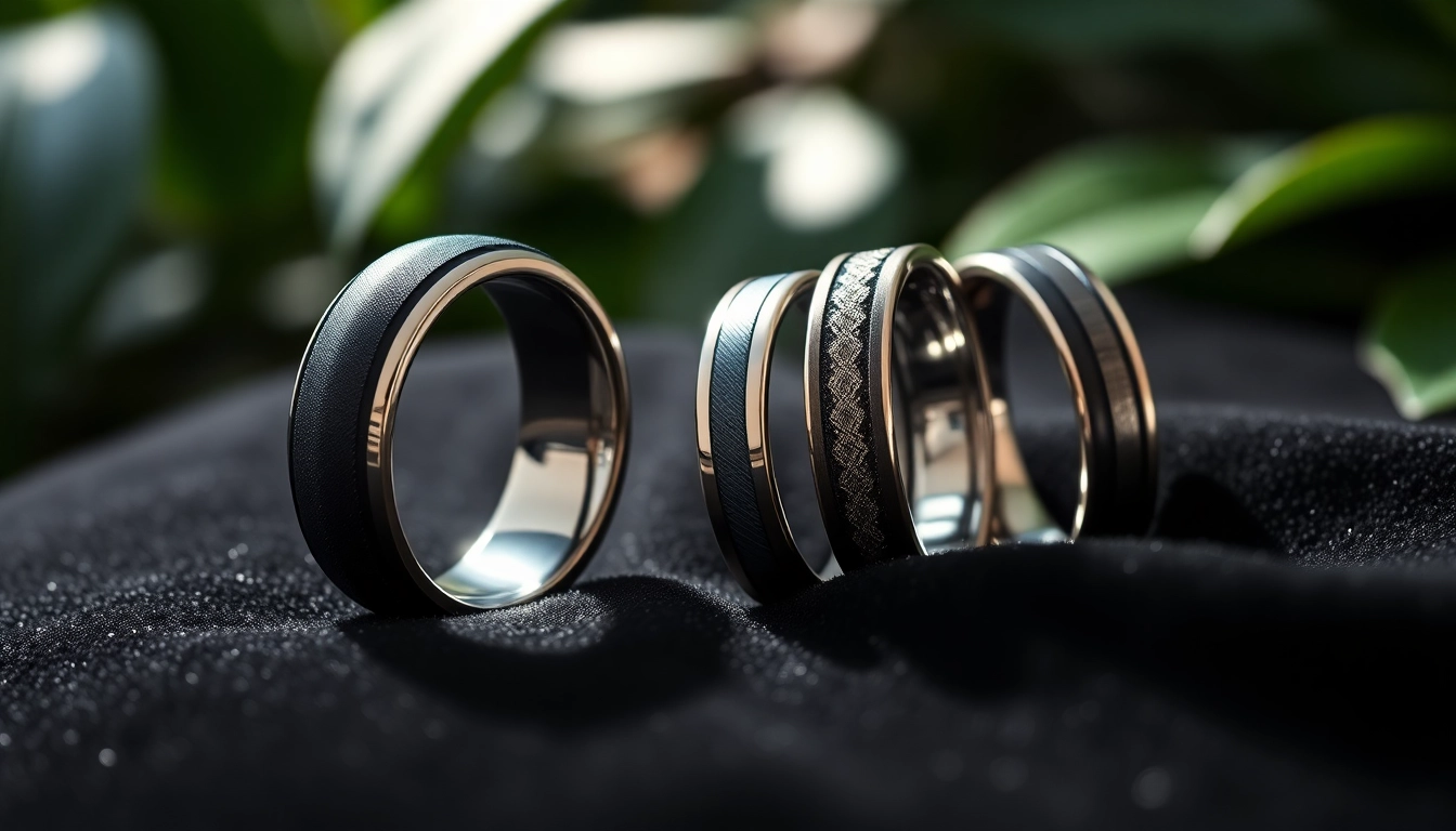 Showcasing tungsten rings on a black surface, capturing their elegance and sleek design.