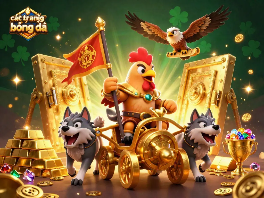 Các trang cá độ bóng đá cùng một cảnh chiến thắng với các biểu tượng vàng, châu báu lấp lánh và ánh sáng rực rỡ.