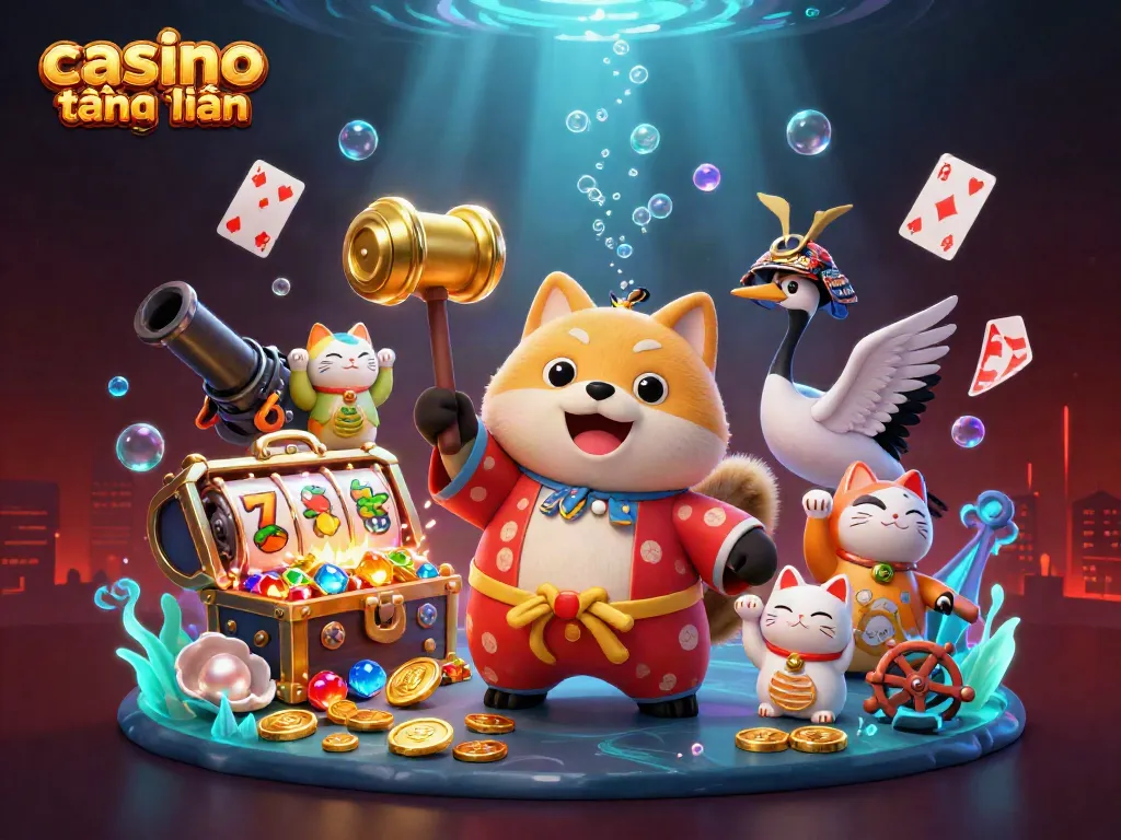 Casino trực tuyến tặng tiền với tanuki vui vẻ và những yếu tố game hấp dẫn trong một khung cảnh sống động.