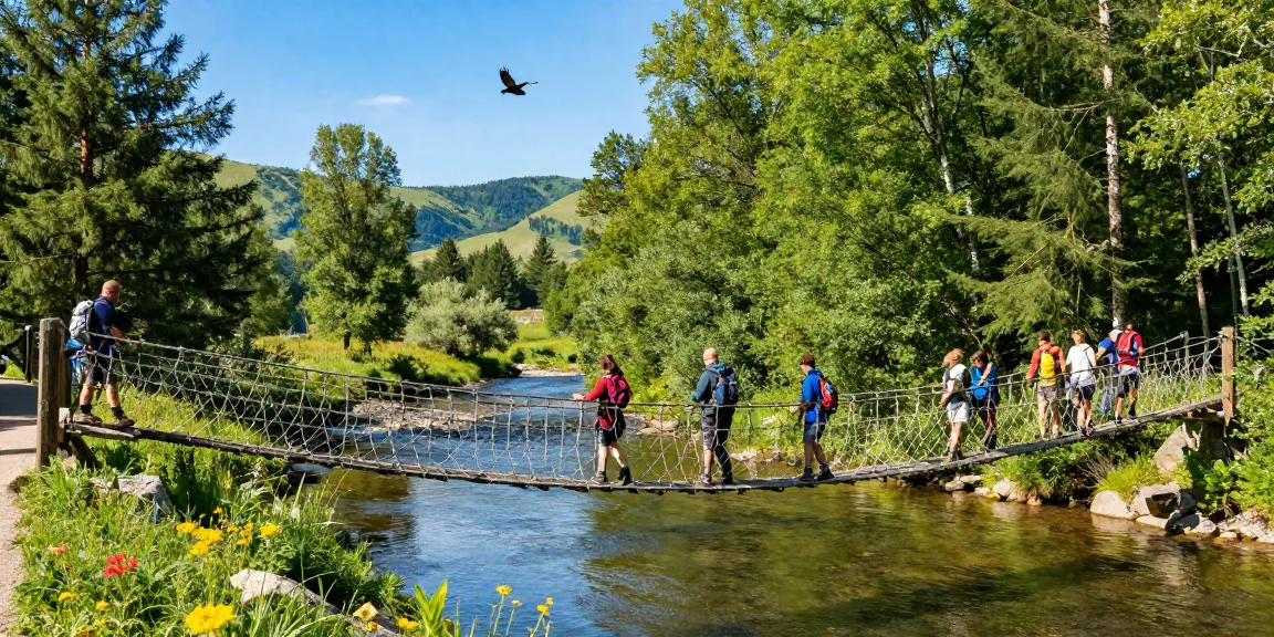 Group of hikers crossing a River Rope Bridge surrounded by lush nature, embodying adventure and outdoor exploration.