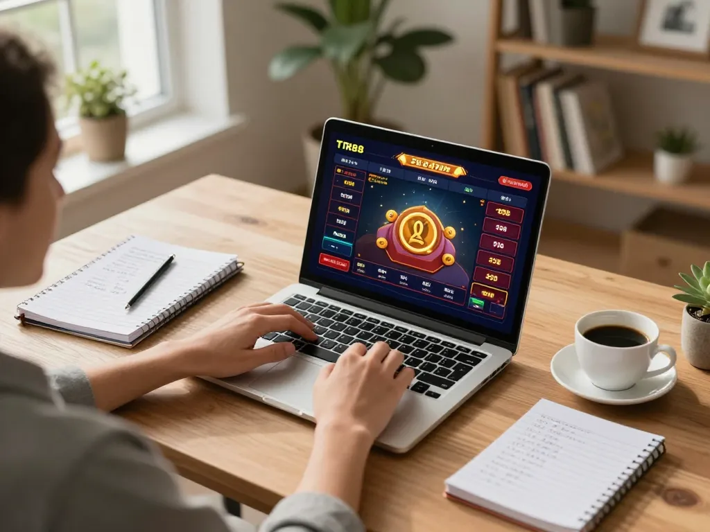 Engaging TR88 online gaming moment at home with laptop, betting notes, and coffee