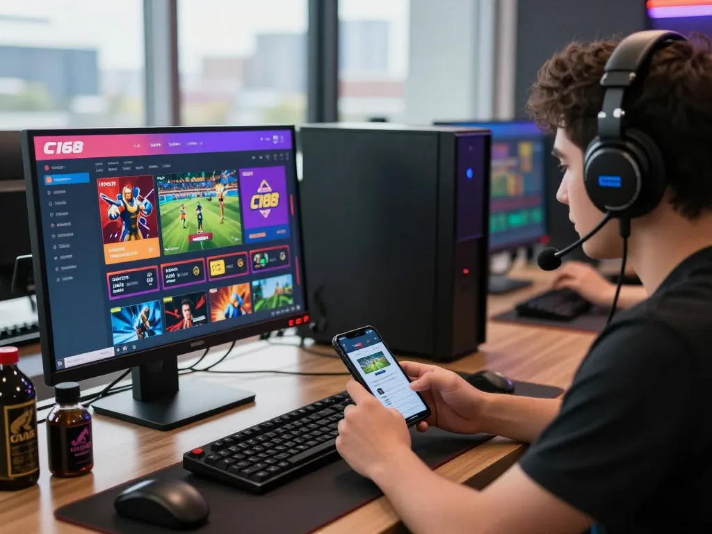 Gamer experiencing the C168 online betting platform with vibrant promotional graphics.