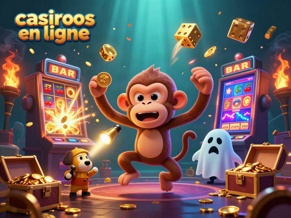 Explorez des casinos en ligne animés avec un singe poltergeist et un chiot chasseur dans une illustration 3D.